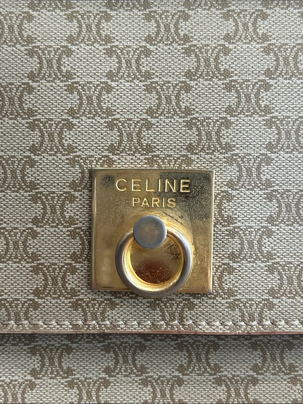 CELINE Beige Triomphe Canvas Satchel with Tan Leather Trim 10”X9”X4,5